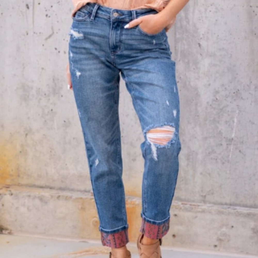 Judy Blue Jeans Paisley Cuff Boyfriend Fit Distressed Denim Boho Size 18W
